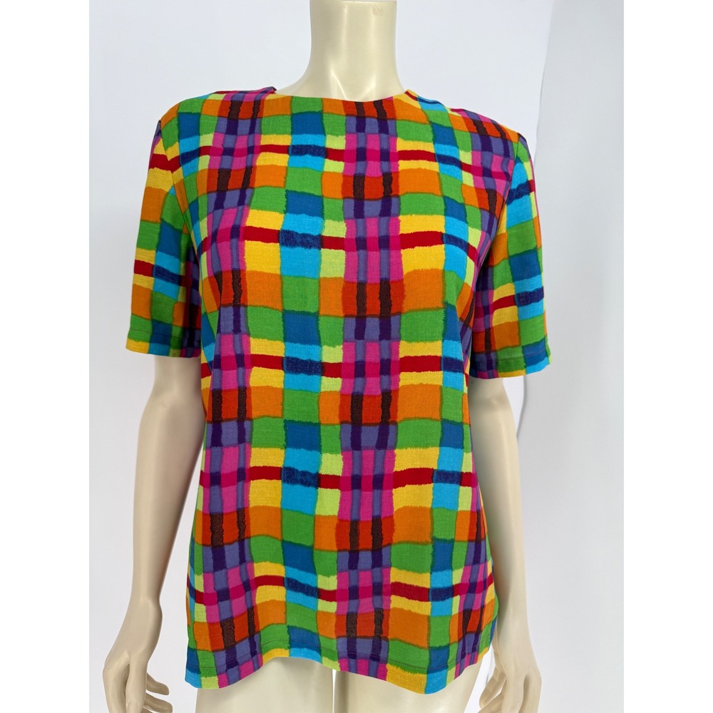 Vintage Patchington Rainbow Plaid‎ Short Sleeve Blouse Womens Multicolor Top